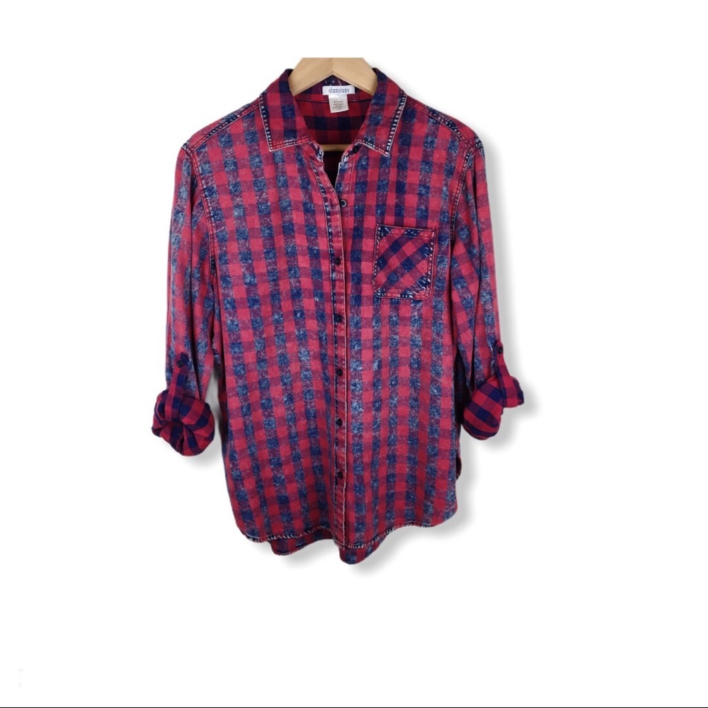 DizzyLizzy Red/Blue Plaid Denim Button Down Shirt